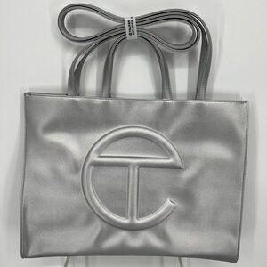 Telfar Large Shopping Tote Bag Handbag Vegan Leather Crossbody Silver w/ Dustbag